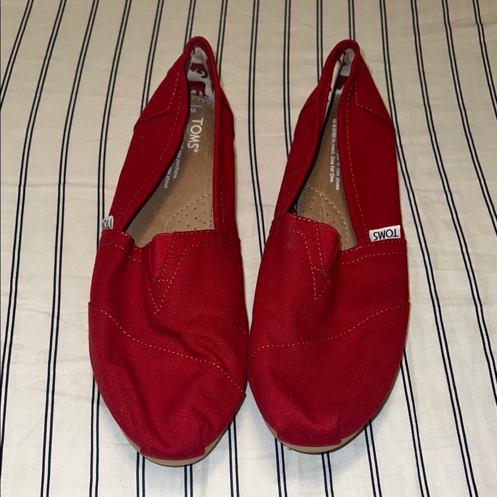 TOMS Red Canvas Flats with Signature Slip-On Design